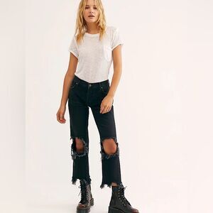 Free People We The Free Maggie Distressed Mid-Rise Straight Leg Crop Black Jeans